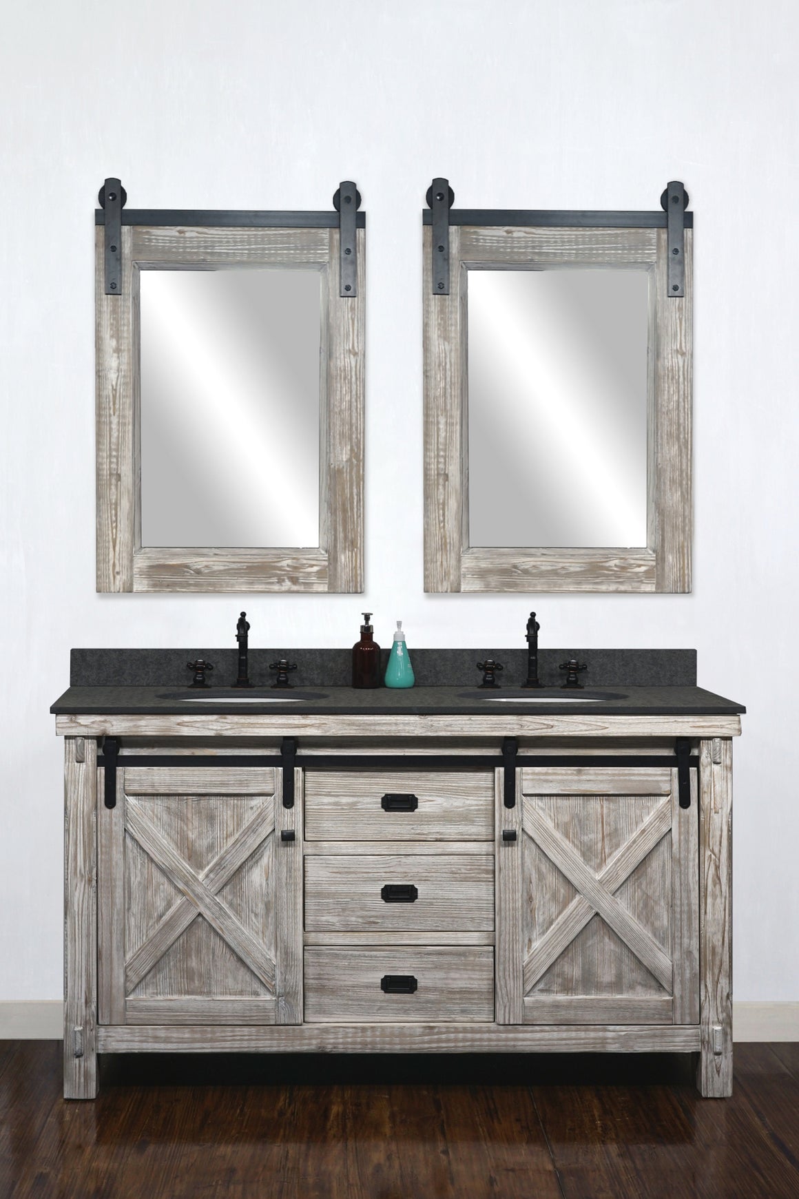 60"RUSTIC SOLID FIR BARN DOOR STYLE DOUBLE SINKS VANITY IN WHITE WASH WITH RUSTIC STYLE POLISHED TEXTURED SURFACE GRANITE TOP IN MATTE GREY-NO FAUCET