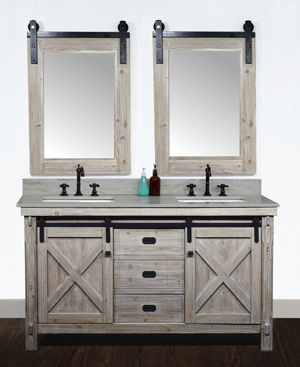 60"RUSTIC SOLID FIR BARN DOOR STYLE DOUBLE SINKS VANITY WITH COASTAL SANDS MARBLE TOP WITH RECTANGULAR SINK-NO FAUCET