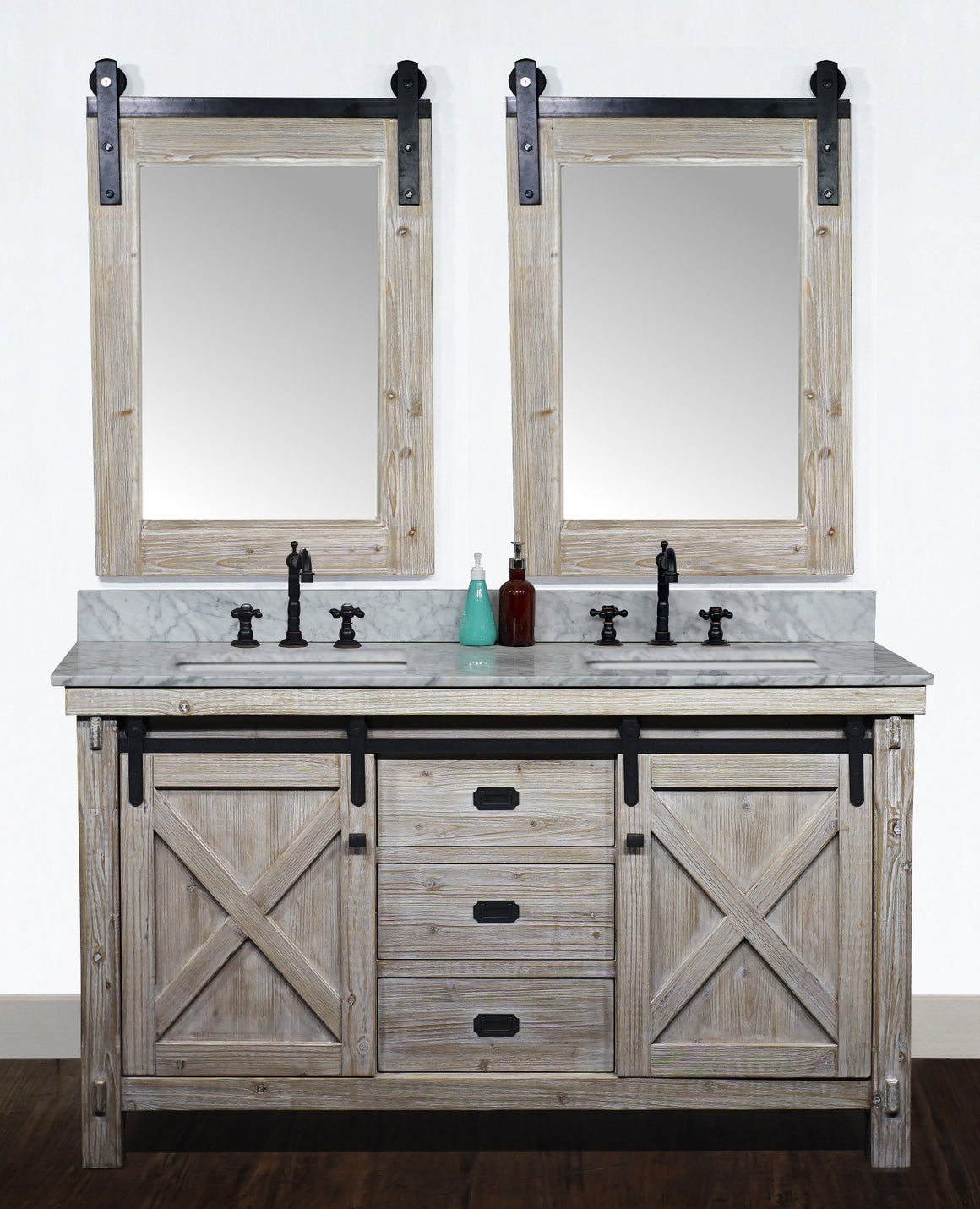 60"RUSTIC SOLID FIR BARN DOOR STYLE DOUBLE SINKS VANITY WITH CARRARA WHITE MARBLE TOP WITH RECTANGULAR SINK-NO FAUCET