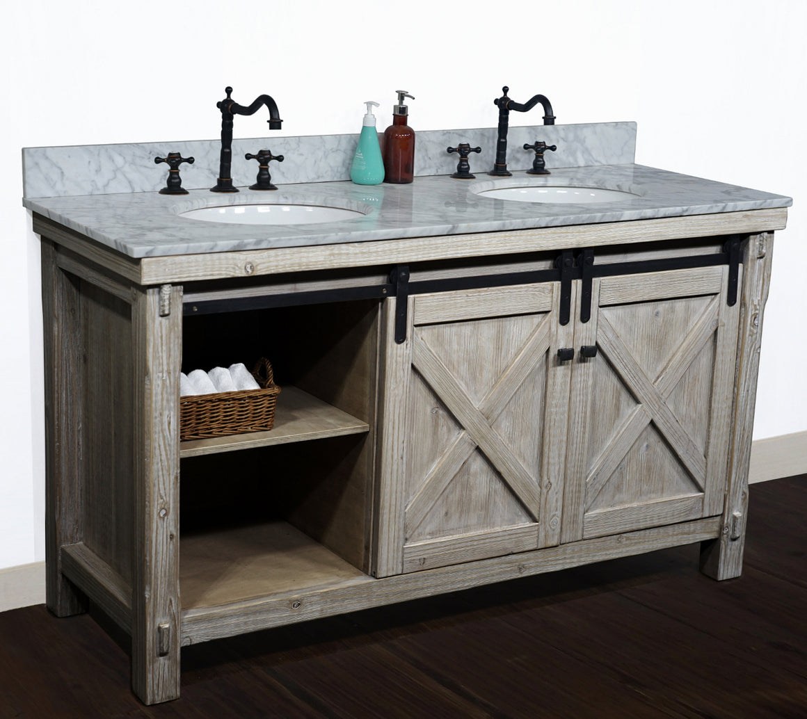 60"RUSTIC SOLID FIR BARN DOOR STYLE DOUBLE SINKS VANITY WITH CARRARA WHITE MARBLE TOP-NO FAUCET
