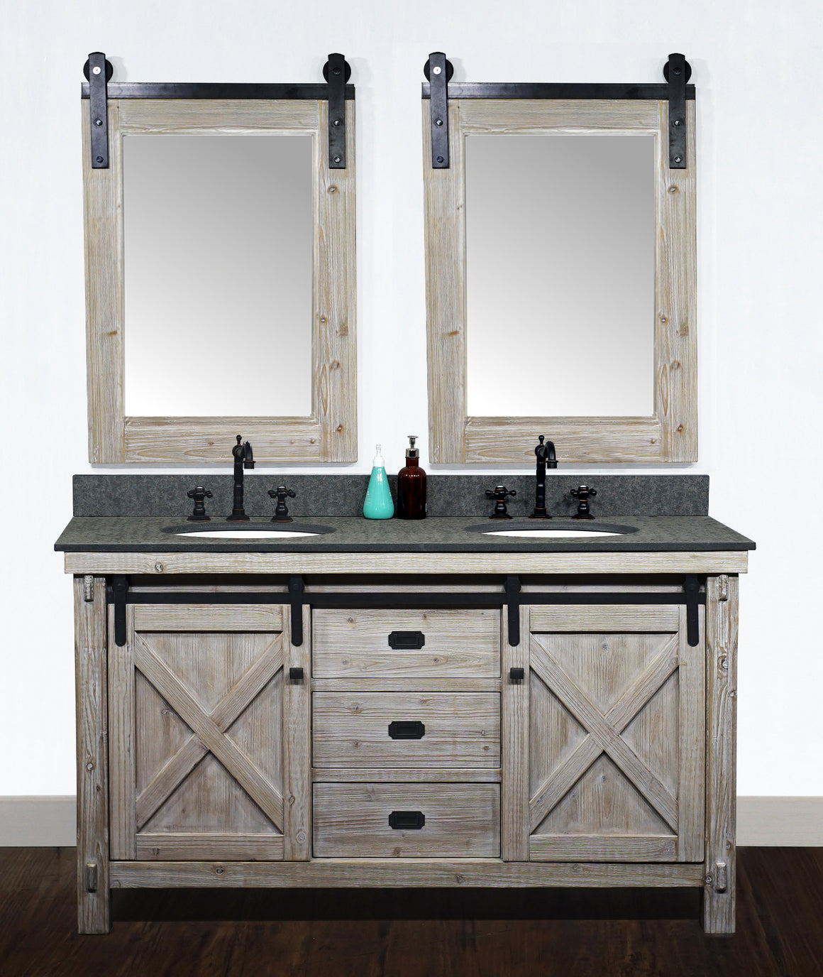 60"RUSTIC SOLID FIR BARN DOOR STYLE DOUBLE SINKS VANITY WITH RUSTIC STYLE POLISHED TEXTURED SURFACE GRANITE TOP IN MATTE GREY-NO FAUCET