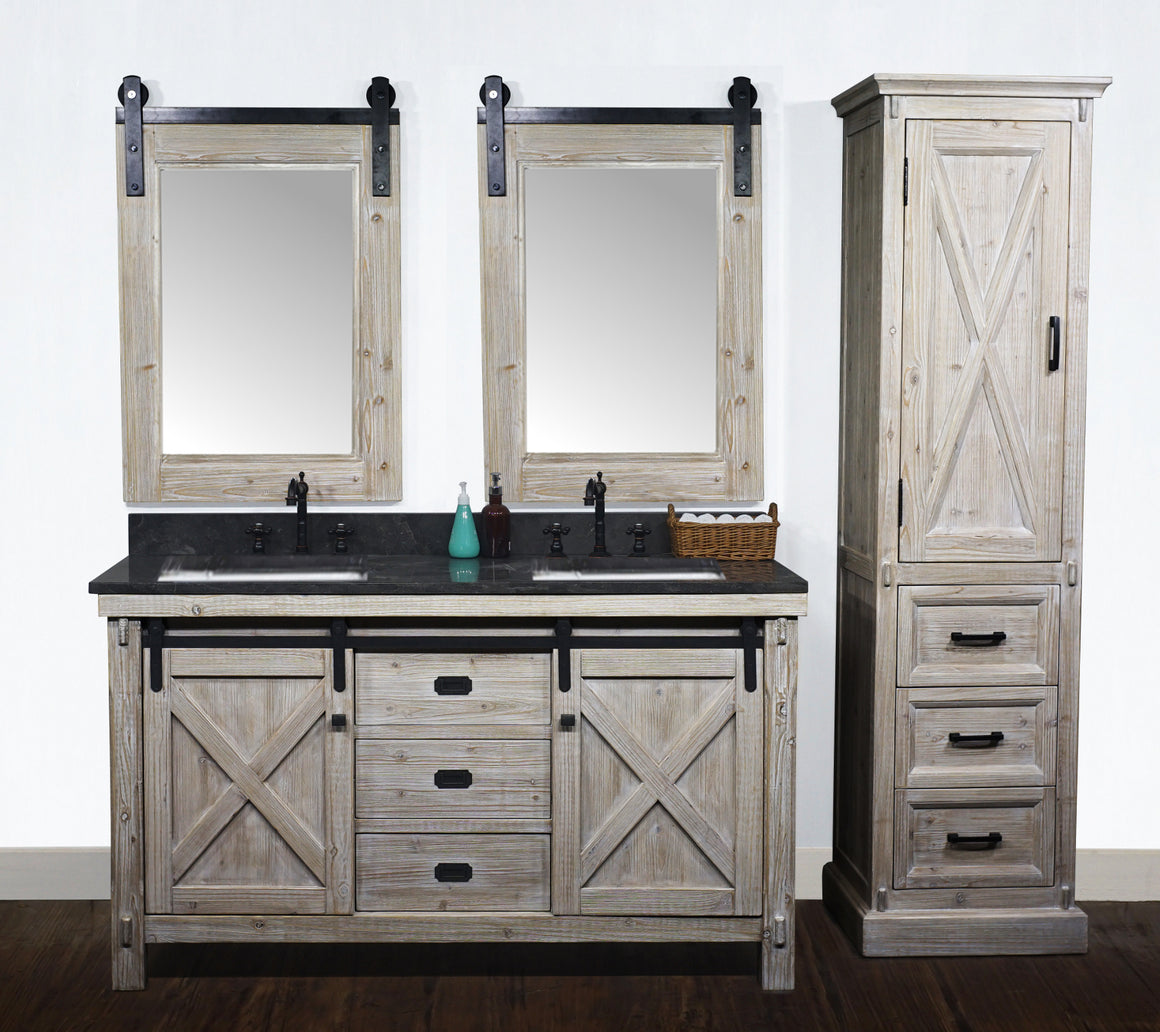 60"RUSTIC SOLID FIR BARN DOOR STYLE DOUBLE SINKS VANITY WITH LIMESTONE TOP WITH RECTANGULAR SINK-NO FAUCET