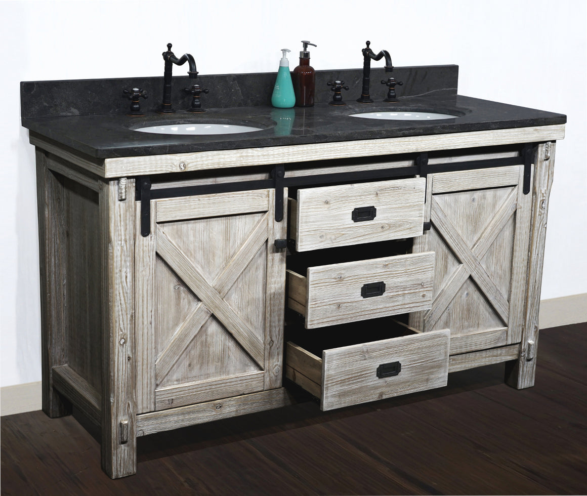 60"RUSTIC SOLID FIR BARN DOOR STYLE DOUBLE SINKS VANITY WITH  LIMESTONE TOP(OVAL SINK)-NO FAUCET