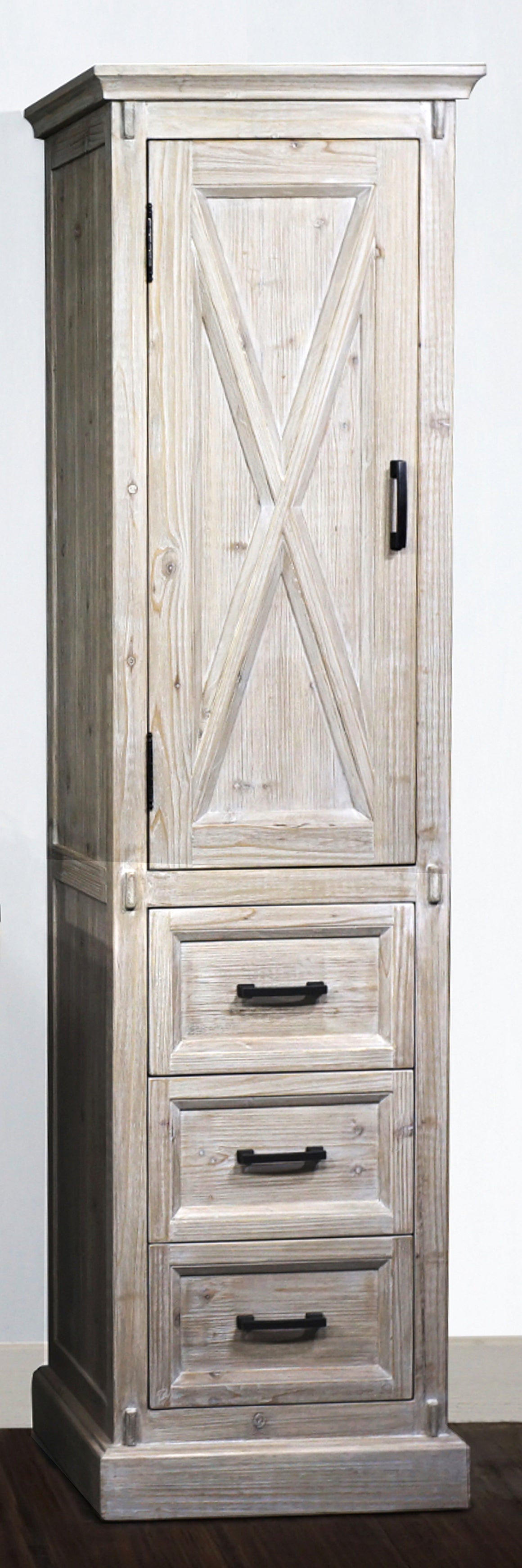 79"HIGH RUSTIC SOLID FUR BARN DOOR STYLE SIDE CABINET IN WHITE WASH