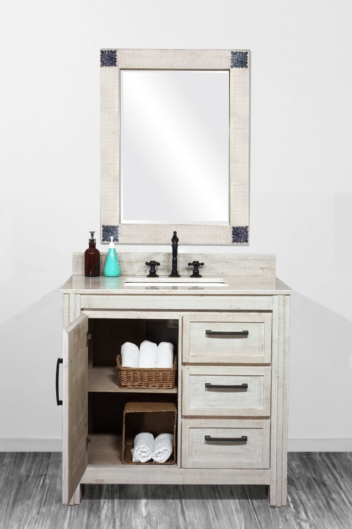 36" Solid Wood Single Sink Vanity with Arctic Pearl Quartz Marble Top-No Faucet