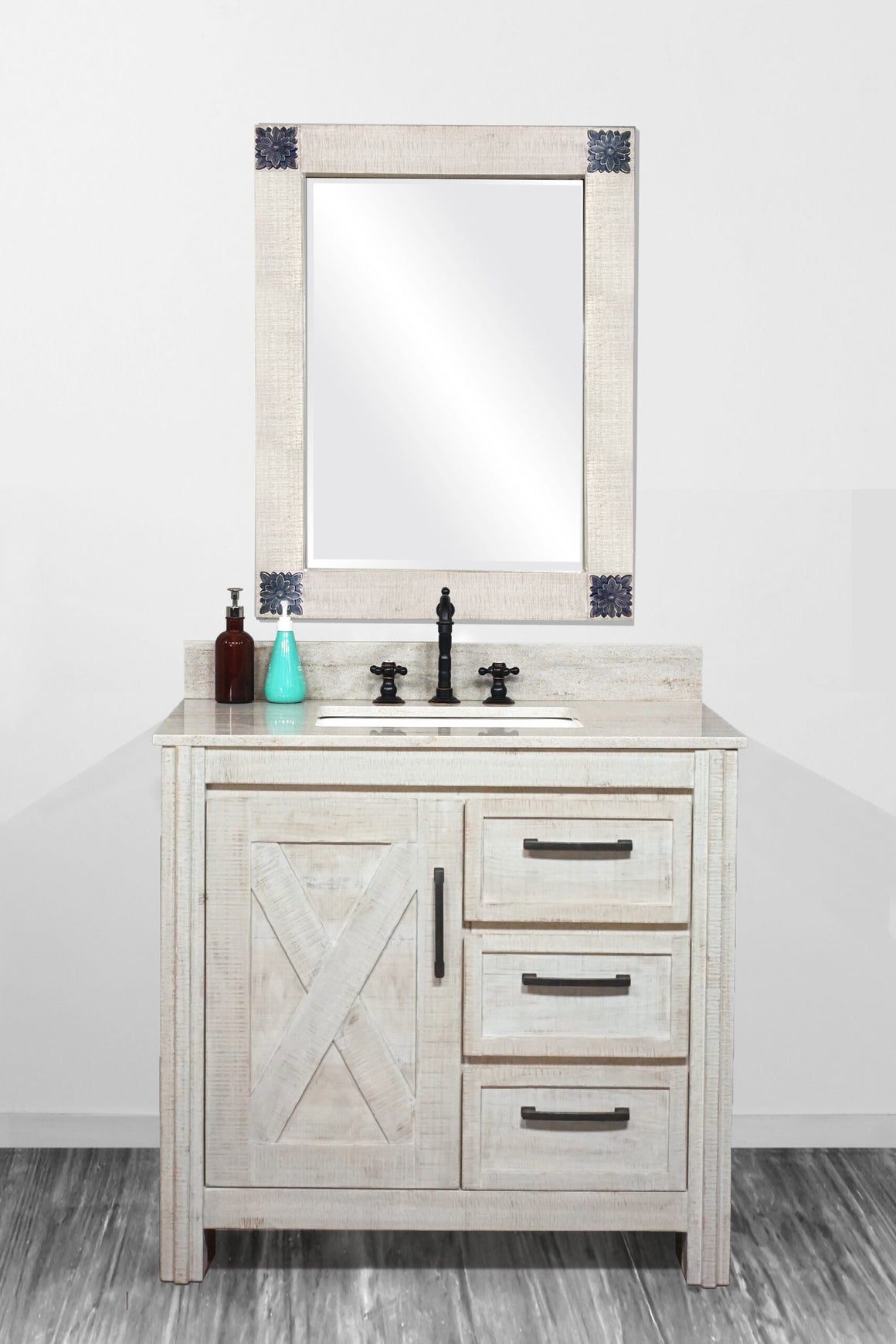 36" Solid Recycled Fir Single Sink Vanity With Coastal Sands Marble Top with Rectangular Sink-No Faucet