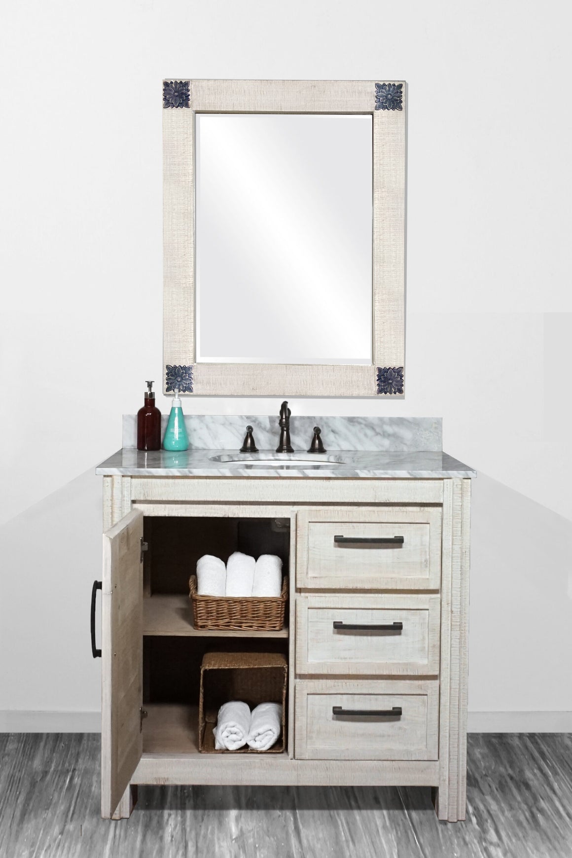 36" Solid Recycled Fir Single Sink Vanity with Rectangular Sink Carrara White Marble Top-No Faucet