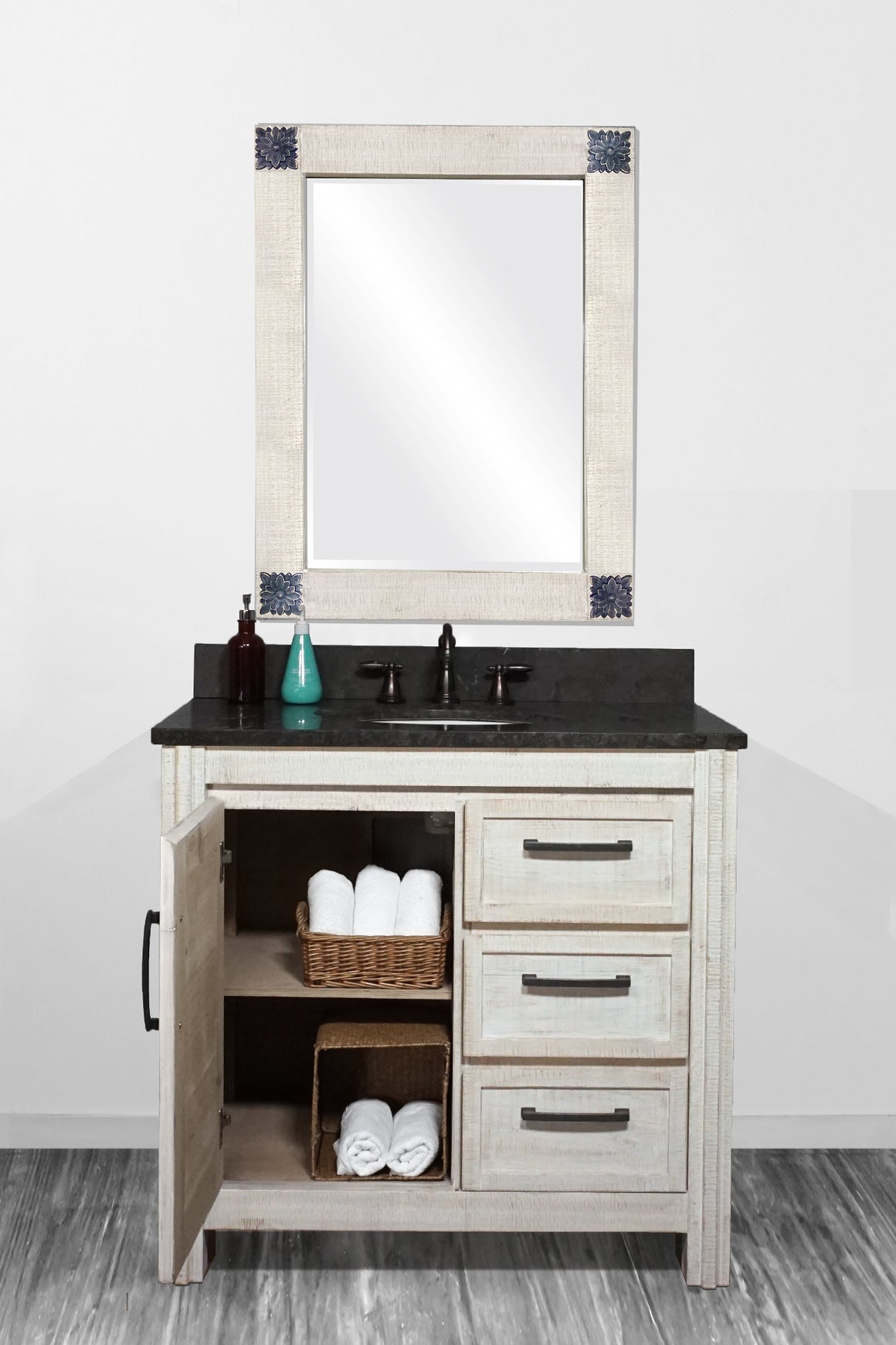 36" Solid Wood Single Sink Vanity with Polished Textured Surface Granite Top-No Faucet
