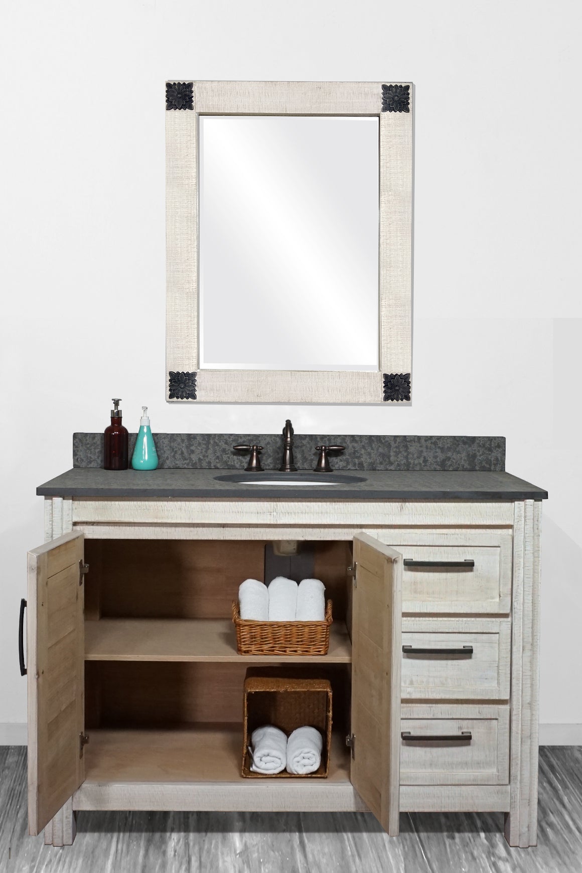 48" Solid Wood Single Sink Vanity With Polished Textured Surface Granite Top-No Faucet