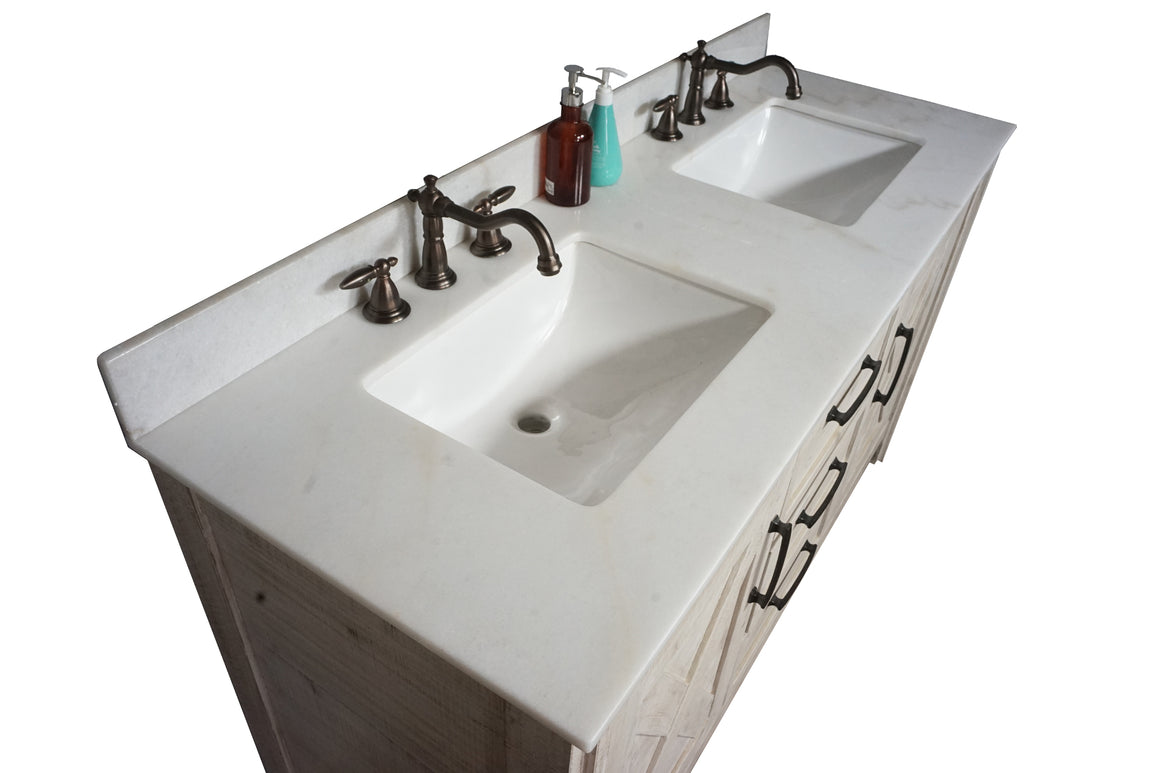 60" Solid Recycled Fir Double Sink Vanity With Arctic Pearl Quartz Marble Top-No Faucet