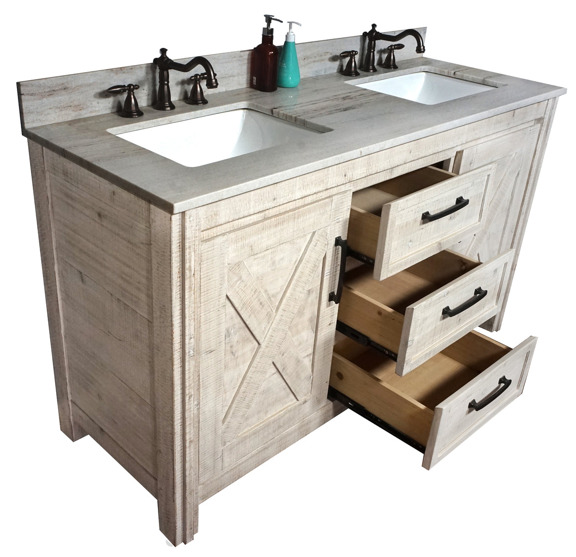 60" Solid Recycled Fir Double Sink Vanity With Coastal Sands Marble Top With Rectangular Sink-No Faucet