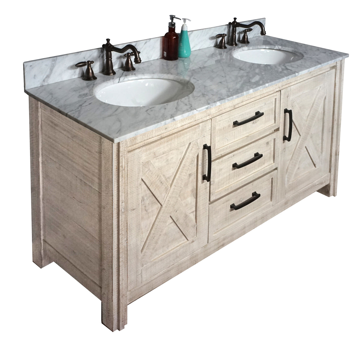 60" Solid Recycled Fir Double Sink Vanity With Carrara White Marble Top-No Faucet