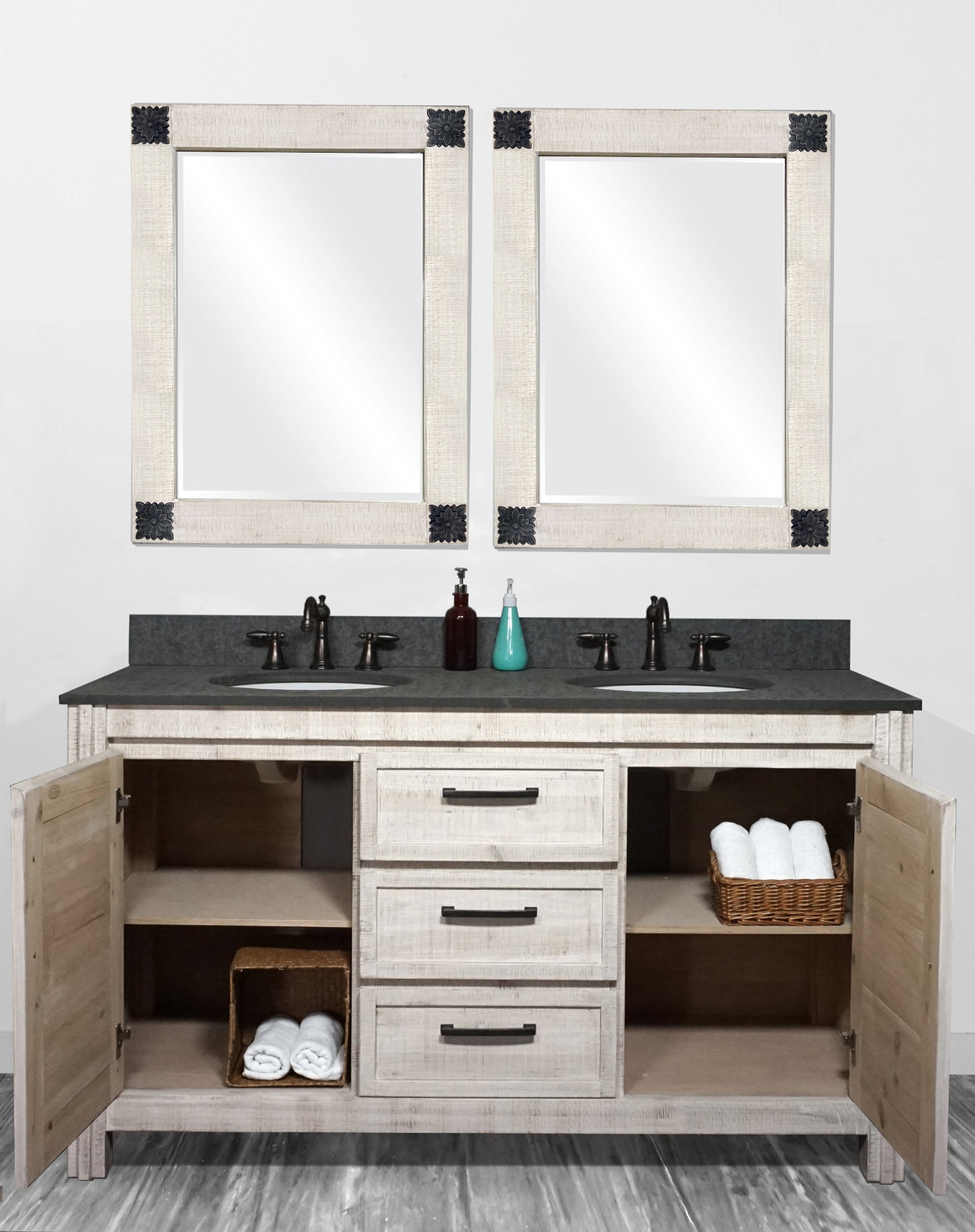 60" Solid Recycled Fir Double Sink Vanity With Limestone Top-No Faucet