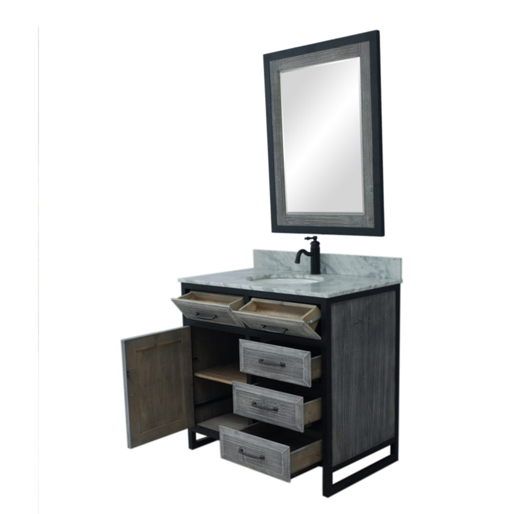 36"RUSTIC SOLID FIR SINGLE SINK IRON FRAME VANITY IN GREY WITH CARRARA WHITE MARBLE TOP-NO FAUCET