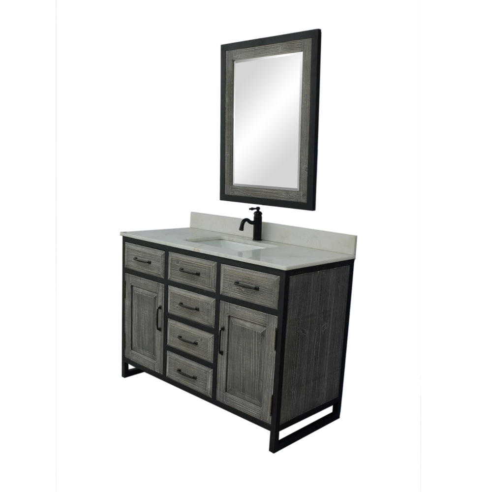 48"RUSTIC SOLID FIR SINGLE SINK IRON FRAME VANITY IN GREY WITH ARCTIC PEARL QUARTZ TOP-NO FAUCET