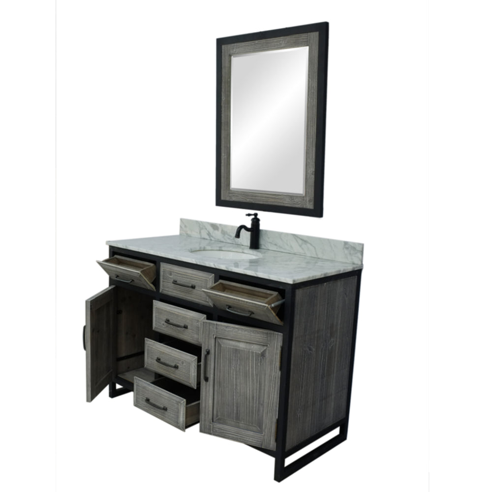 48"RUSTIC SOLID FIR SINGLE SINK IRON FRAME VANITY IN GREY WITH CARRARA WHITE MARBLE TOP-NO FAUCET