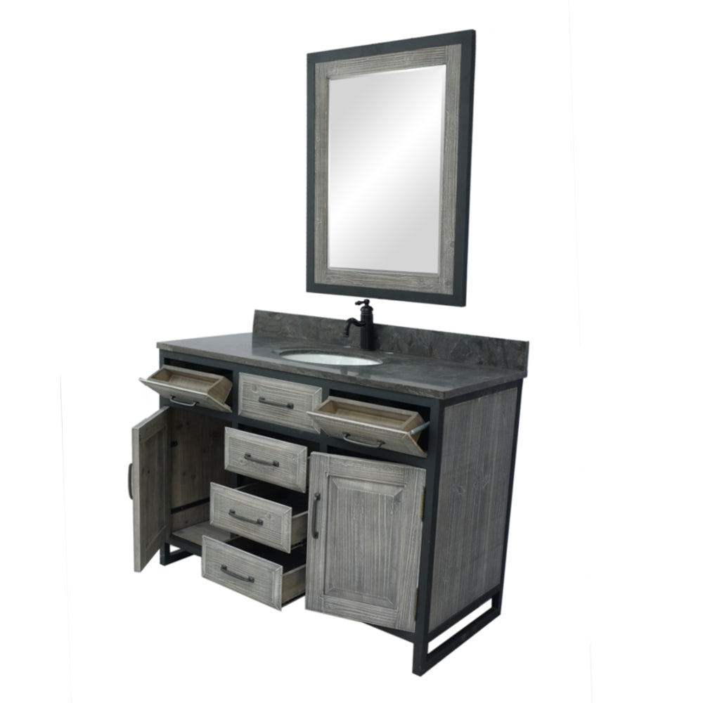48"RUSTIC SOLID FIR SINGLE SINK IRON FRAME VANITY IN GREY WITH LIMESTONE TOP-NO FAUCET