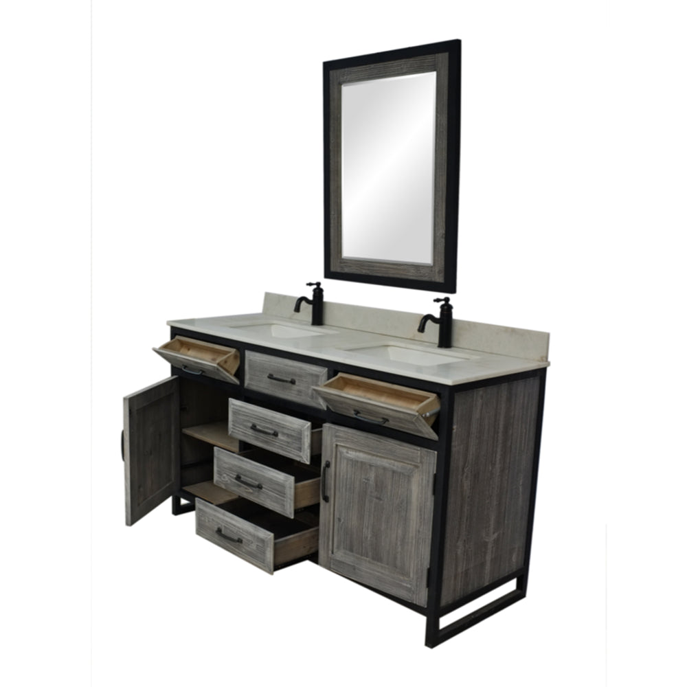 60"RUSTIC SOLID FIR DOUBLE SINK IRON FRAME VANITY IN GREY WITH ARCTIC PEARL QUARTZ TOP-NO FAUCET