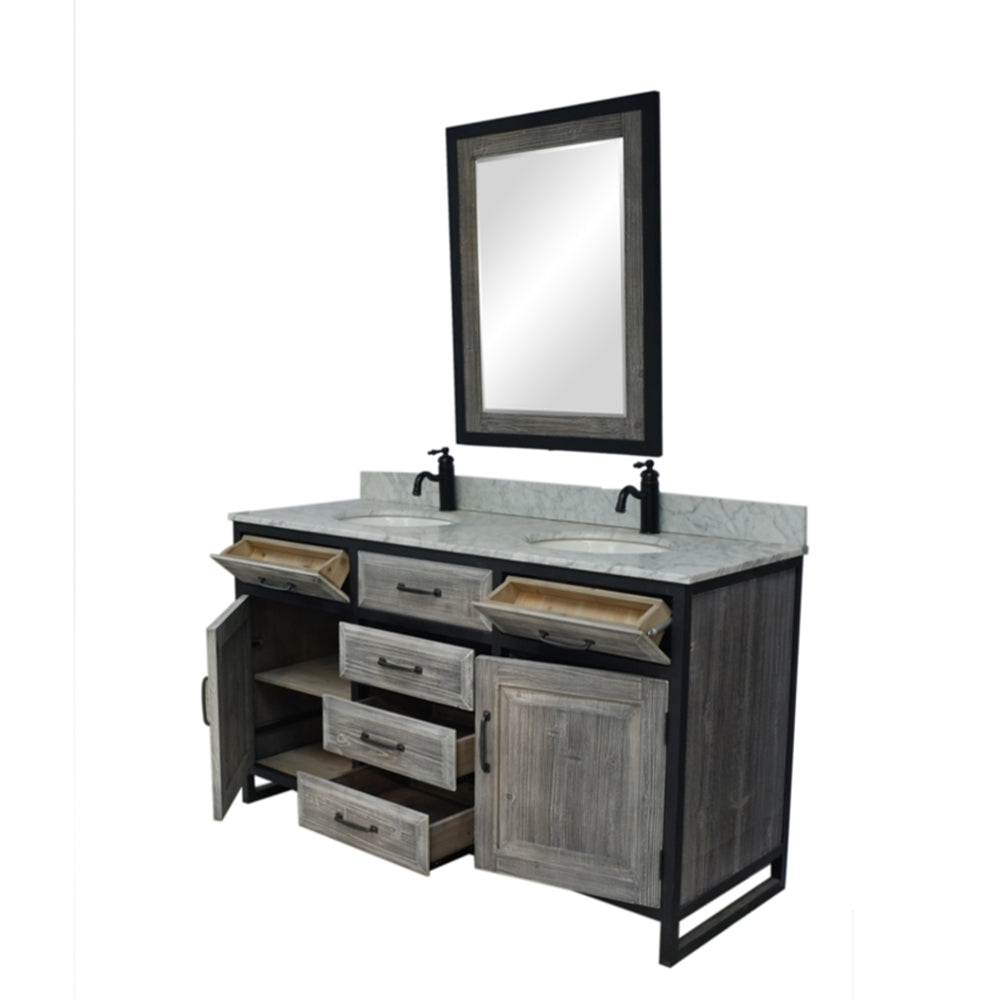 60"RUSTIC SOLID FIR DOUBLE SINK IRON FRAME VANITY IN GREY WITH CARRARA WHITE MARBLE TOP-NO FAUCET