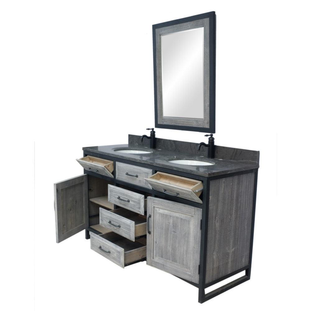 60"RUSTIC SOLID FIR DOUBLE SINK IRON FRAME VANITY IN GREY WITH LIMESTONE TOP-NO FAUCET