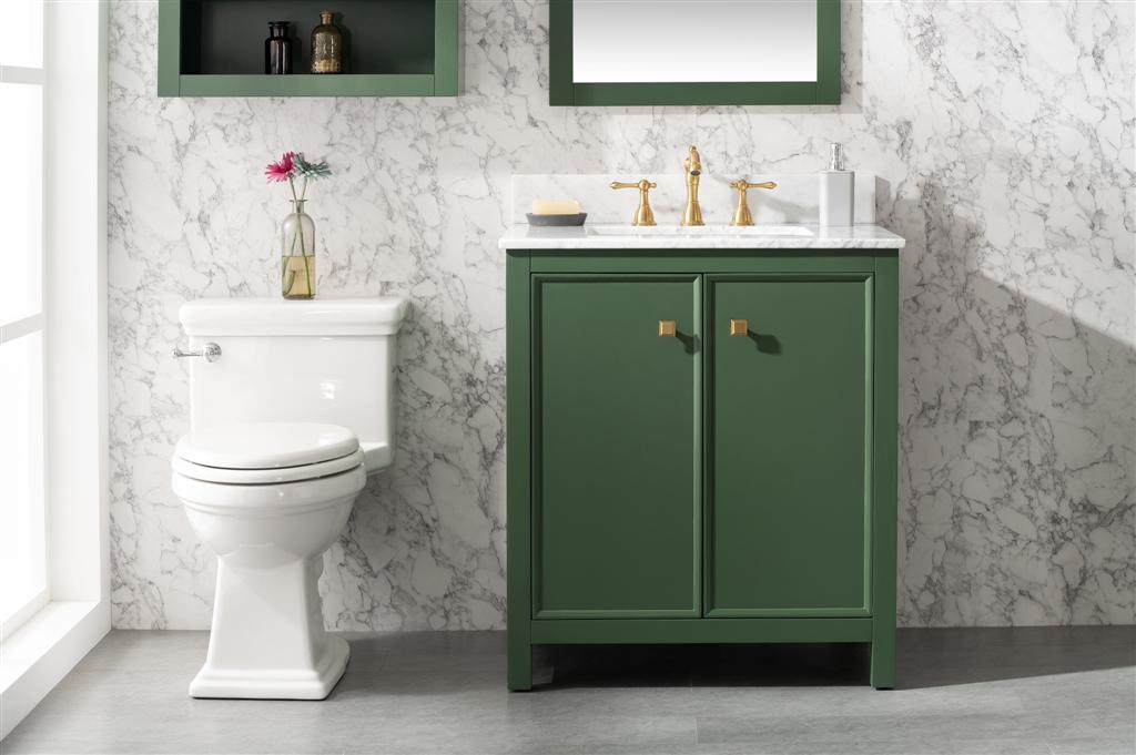 30" Bainbridge Vanity with Single Sink and Carrara Marble Top in Vogue Green Finish