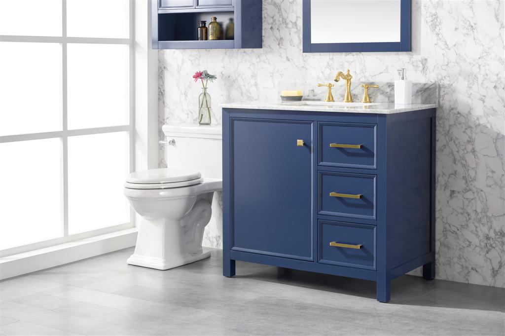 36" Bainbridge Vanity with Single Sink and Carrara Marble Top in Blue Finish