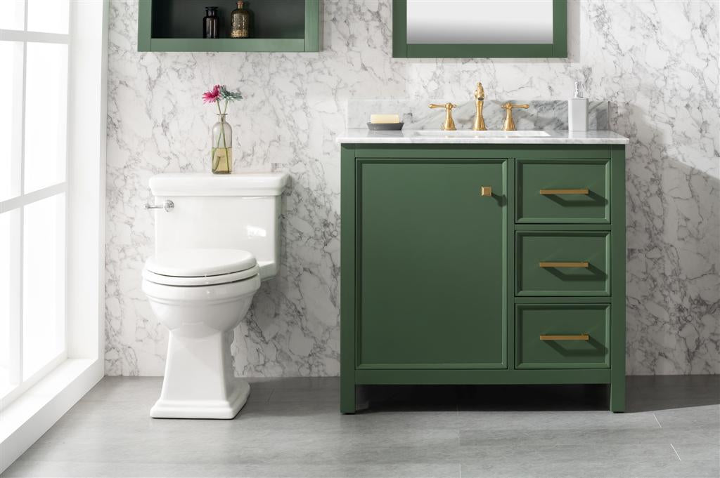 36" Bainbridge Vanity with Single Sink and White Carrara Marble Top in Vogue Green Finish