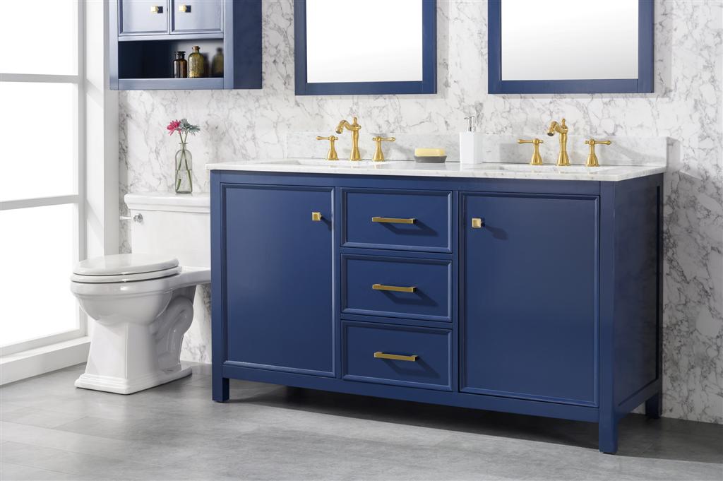 60" Bainbridge Vanity with Double Sinks and Carrara Marble Top in Blue Finish