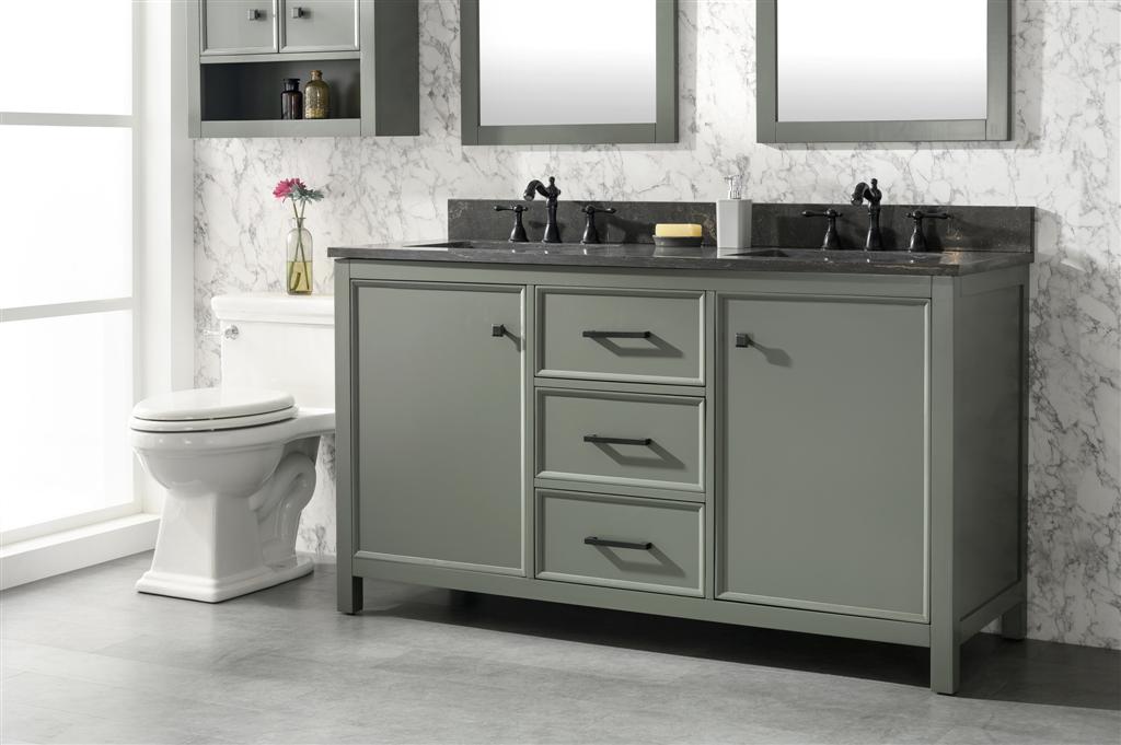 60" Bainbridge Vanity with Double Sinks and Blue Limestone Top in Pewter Green Finish