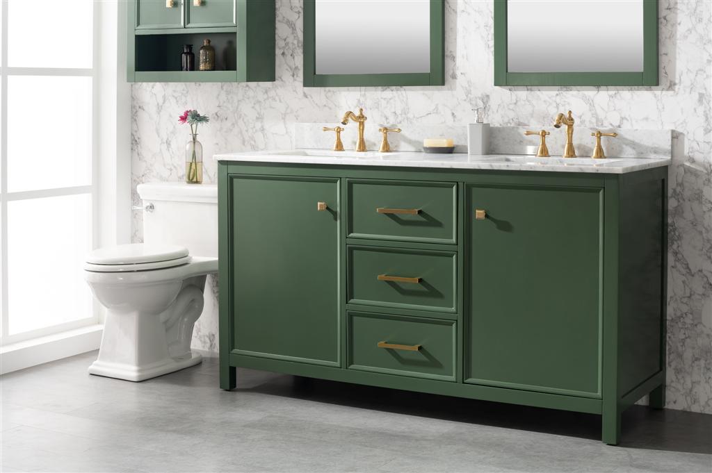 60" Bainbridge Vanity with Double Sinks and Carrara Marble Top in Vogue Green Finish