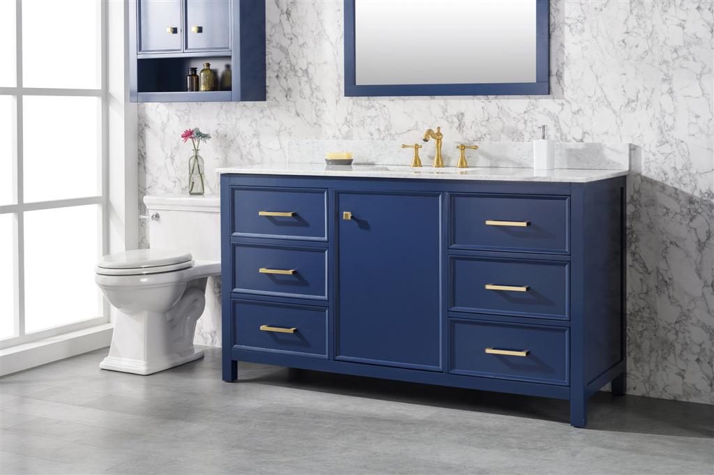 60" Bainbridge Vanity with Single Sink and Carrara Marble Top in Blue Finish