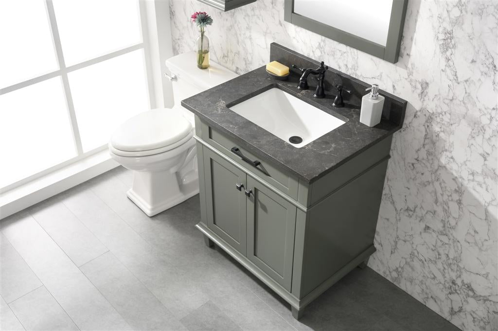 30" Haven Vanity with Single Sink and Blue Limestone Top in Pewter Green Finish