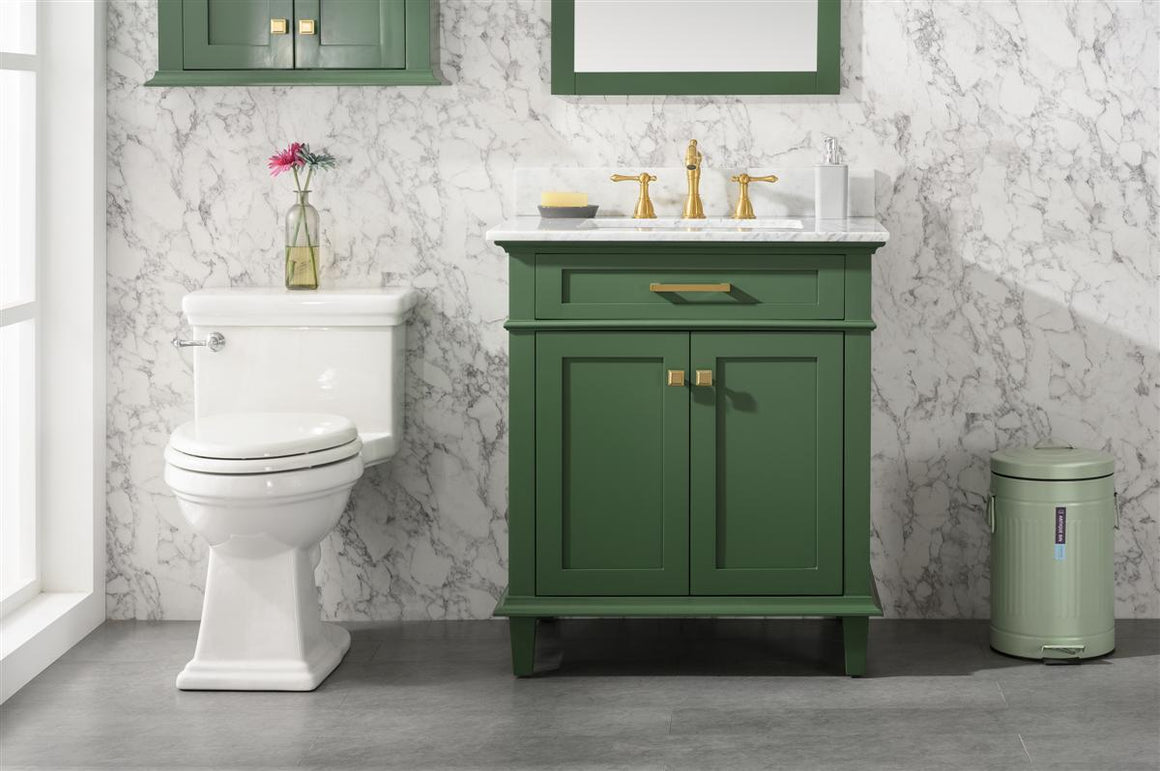 30" Haven Vanity with Single Sink and Carrara Marble Top in Vogue Green Finish