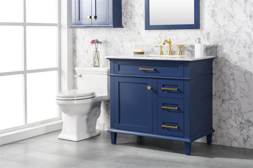 36" Haven Vanity with Single Sink and Carrara Marble Top in Blue Finish