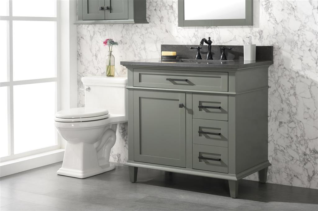 36" Haven Vanity with Single Sink and Blue Limestone Top in Pewter Green Finish