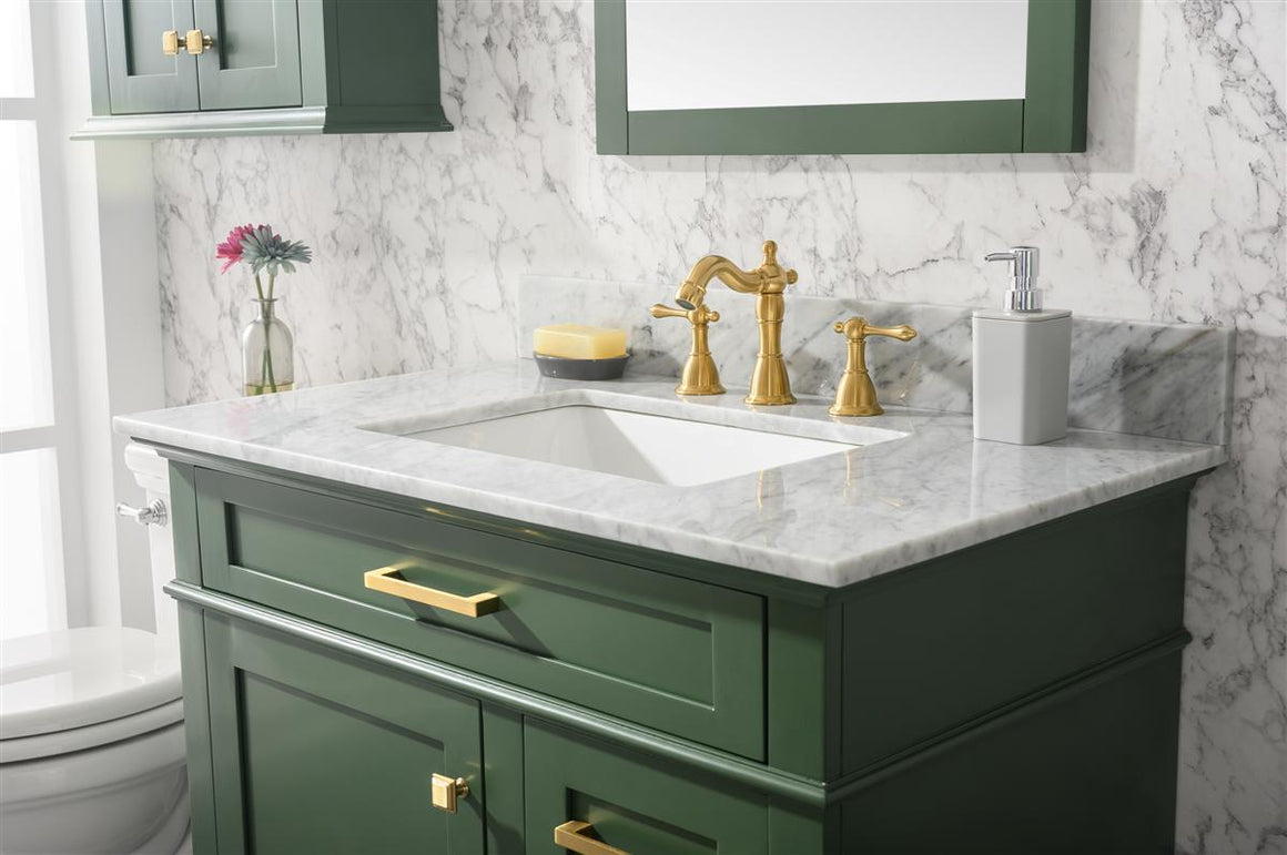 36" Haven Vanity with Single Sink and Carrara Marble Top in Vogue Green Finish