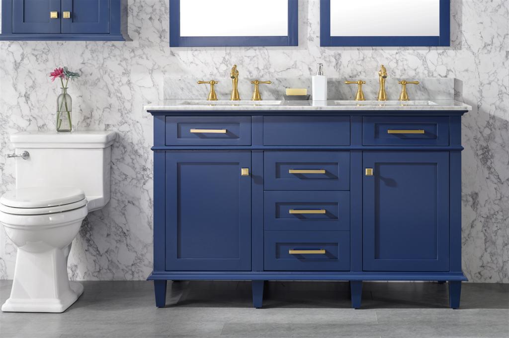 54" Haven Vanity with Double Sinks and Carrara Marble Top in Blue Finish
