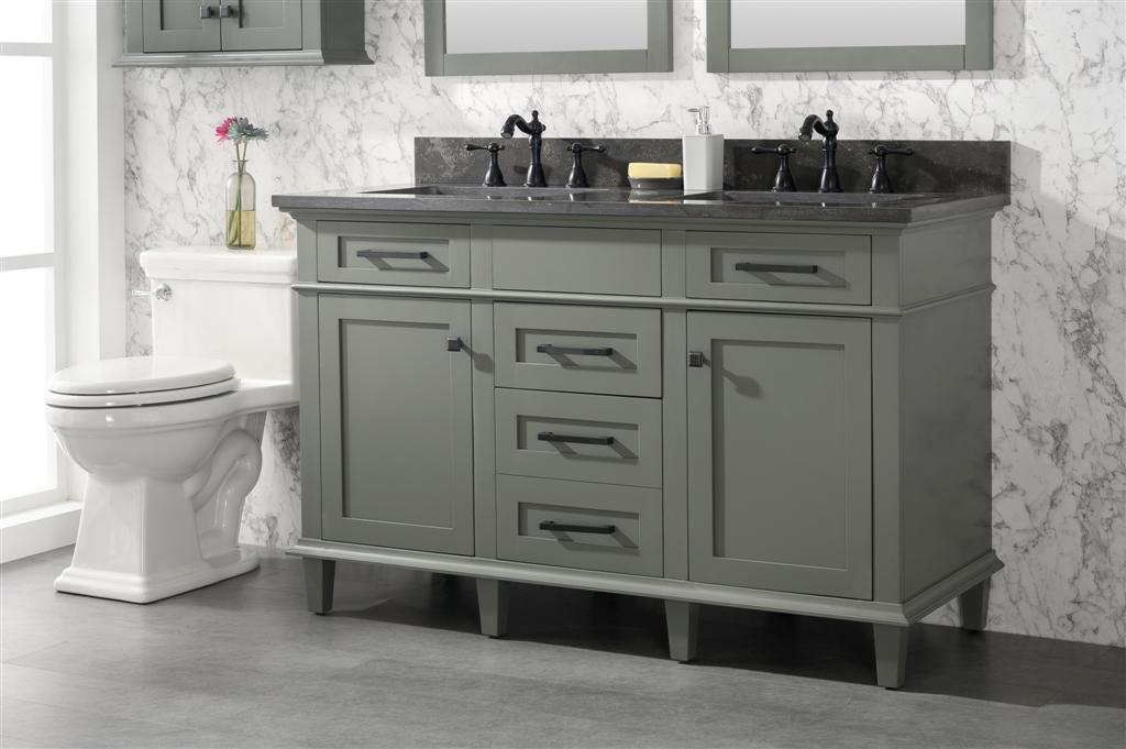 54" Haven Vanity with Double Sinks and Blue Limestone Top in Pewter Green Finish