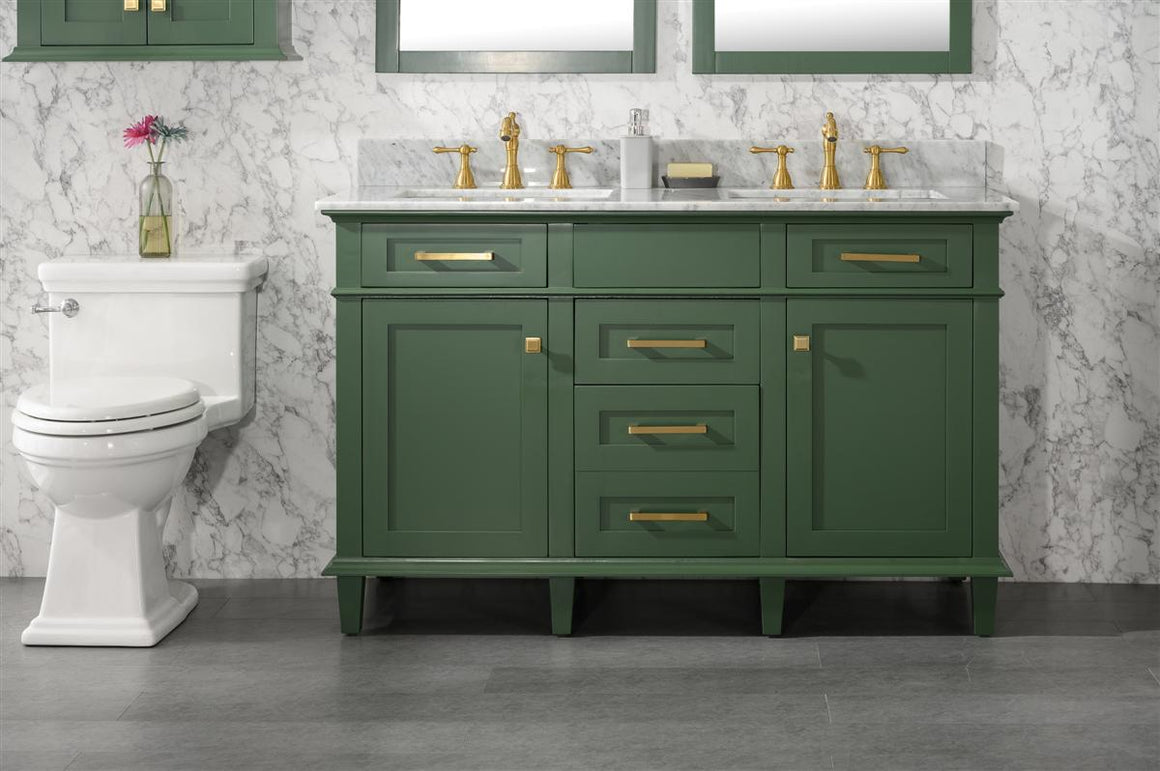 54" Haven Vanity with Double Sinks and Carrara Marble Top in Vogue Green Finish