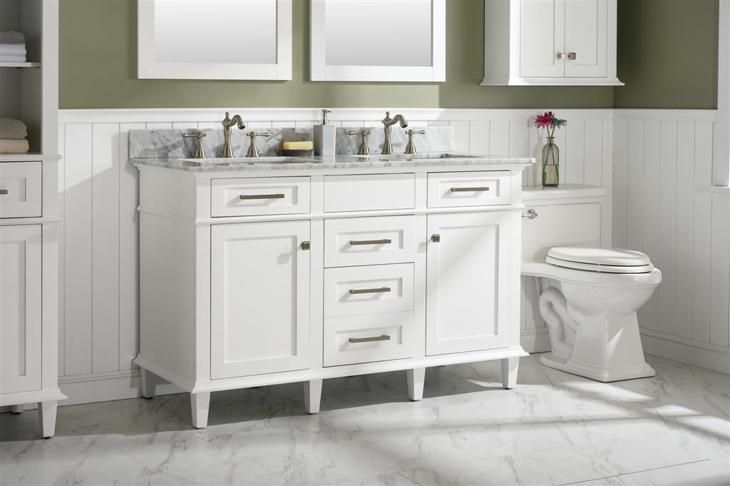 54" Haven Vanity with Double Sinks and Carrara Marble Top in White Finish