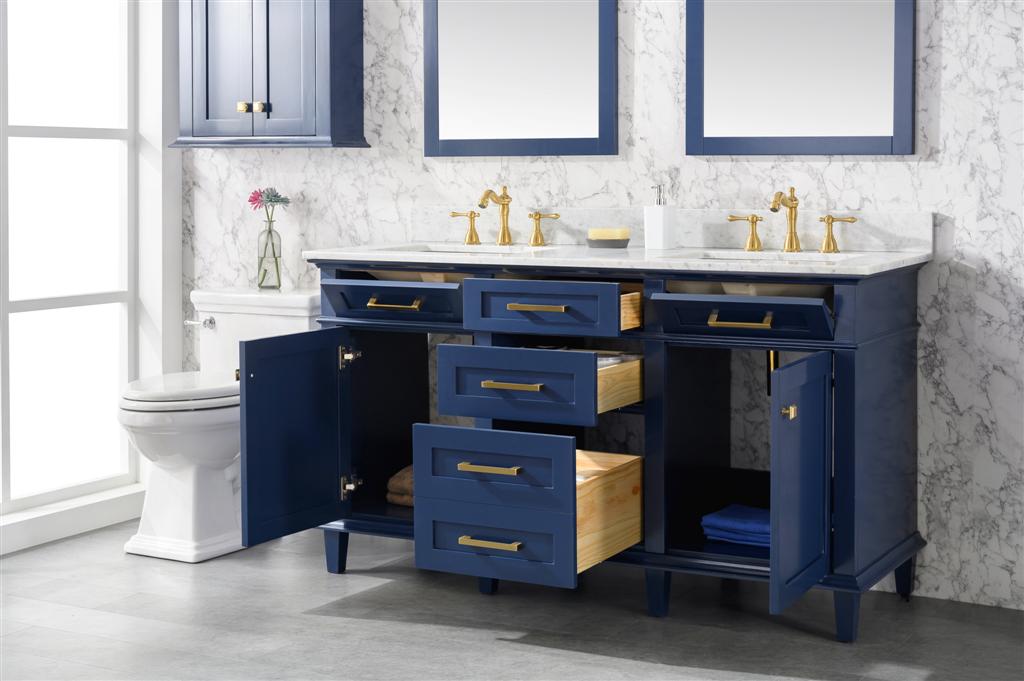 60" Haven Vanity with Double Sinks and Carrara Marble Top in Blue Finish