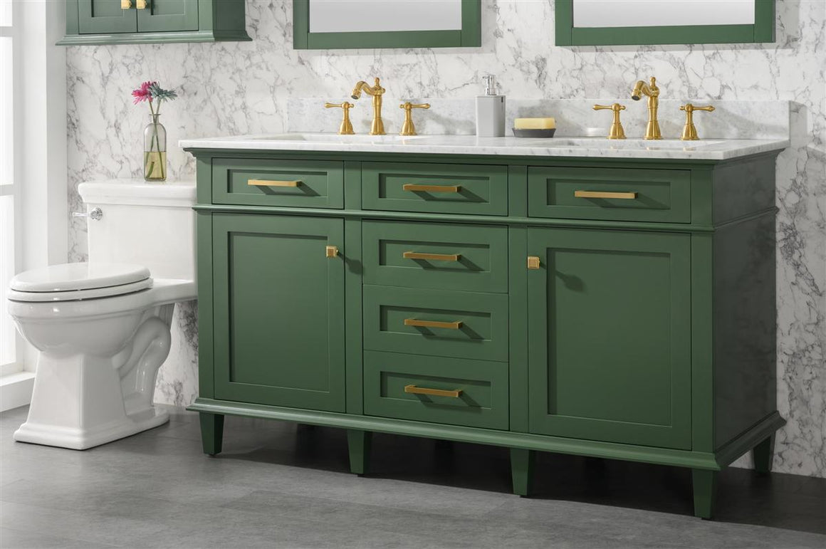 60" Haven Vanity with Double Sinks and Carrara Marble Top in Vogue Green Finish