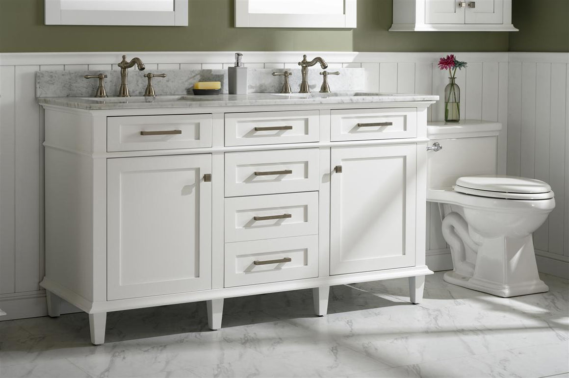 60" Haven Vanity with Double Sinks and Carrara Marble Top in White Finish
