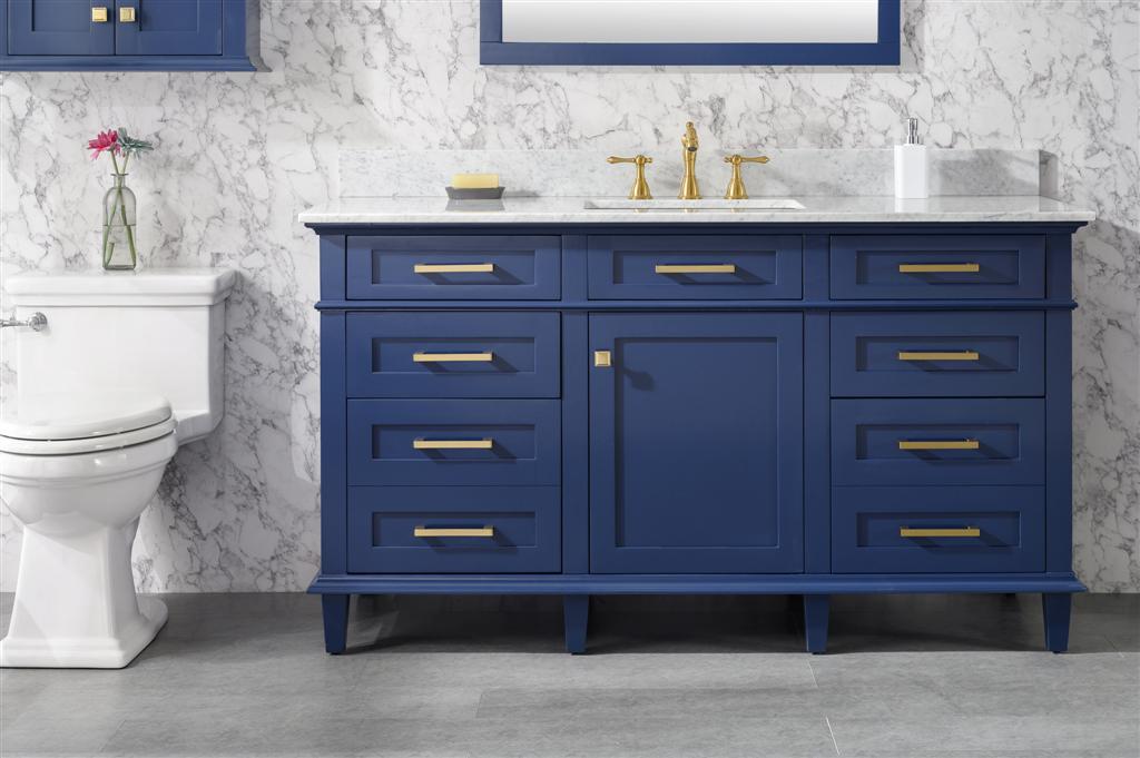 60" Haven Vanity with Single Sink and Carrara Marble Top in Blue Finish