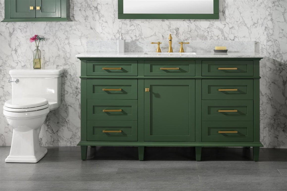 60" Haven Vanity with Single Sink and Carrara Marble Top in Vogue Green Finish