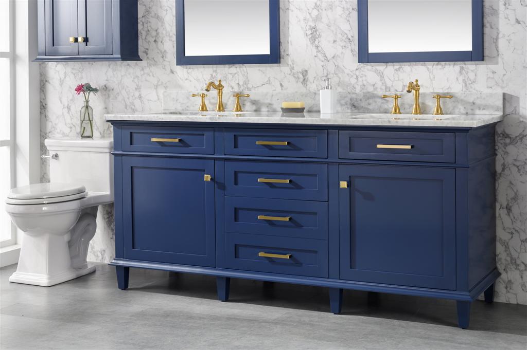 72" Haven Vanity with Double Sinks and Carrara Marble Top in Blue Finish
