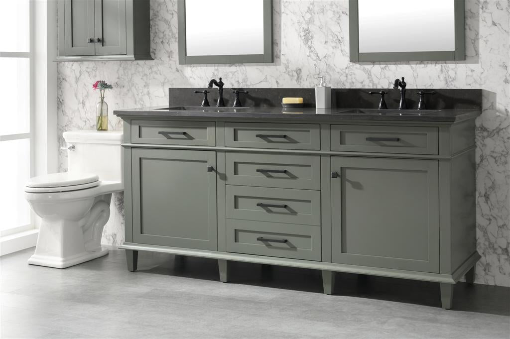 72" Haven Vanity with Double Sinks and Blue Limestone Top in Pewter Green Finish