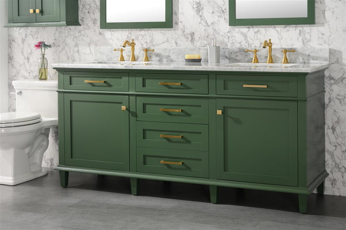 72" Haven Vanity with Double Sinks and Carrara Marble Top in Vogue Green Finish
