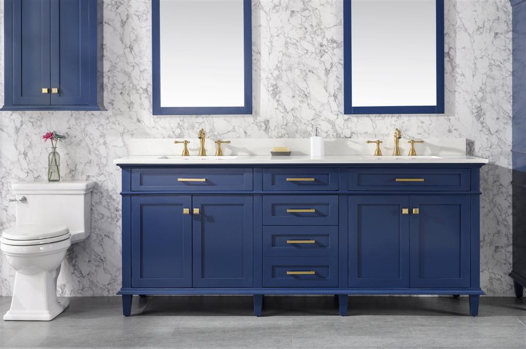80" Haven Vanity with Double Sinks and Carrara Marble Top in Blue Finish