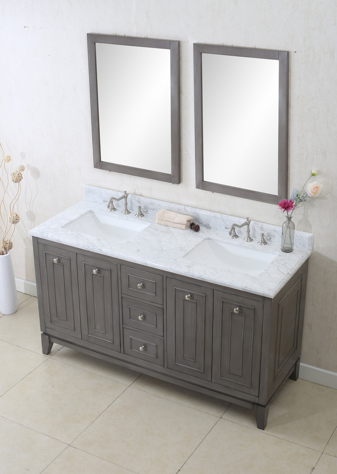 60" Nottingham Bath Vanity in Silver Gray with Carrara White Marble Top